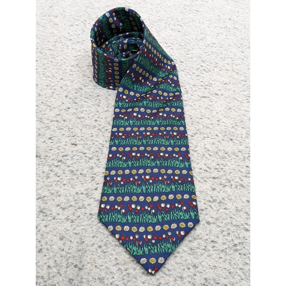 Vtg Brooks Brothers Makers Silk Tie Blue Green Floral Art Daisy USA 3.5